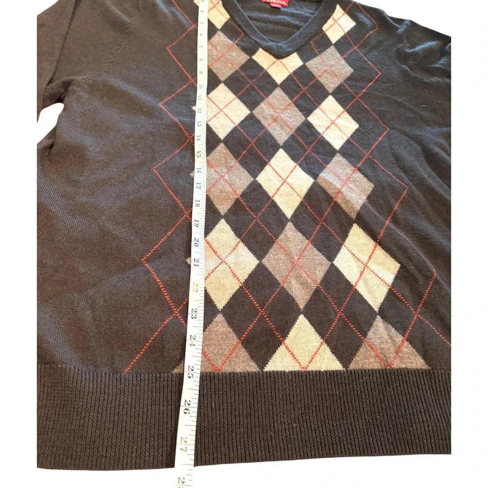 Merona Mens 100% Merino‎ Wool Argyle V-Neck Sweater Brown Large VN1168501